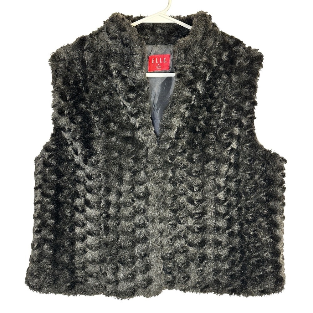 ELLE Women's XL Black Faux Fur Vest Hook Eye Lined Sleeveless